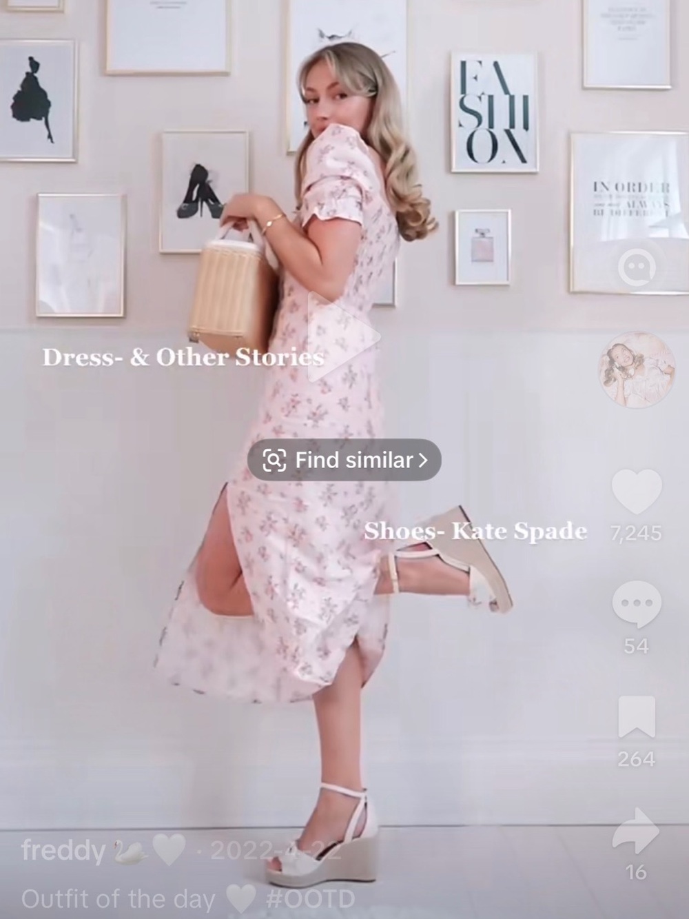 & Other Stories Blush Pink Floral Puff-Sleeve Midi Dress